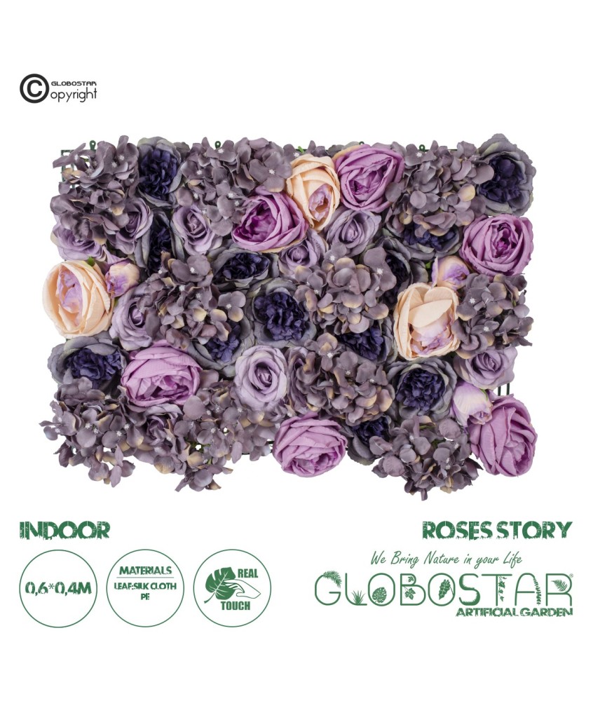 GloboStar® Artificial Garden ROSES STORY 20352 Τεχνητό Διακοσμητικό Πάνελ Λουλουδιών - Κάθετος Κήπος σύνθεση Μωβ & Ροζ Τριαντάφυλλα Μ40 x Π60 x Υ8cm